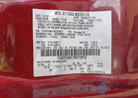 2007 Ford Focus S/Se/Ses z USA, uszkodzony, nr VIN 1FAFP34N77W270952